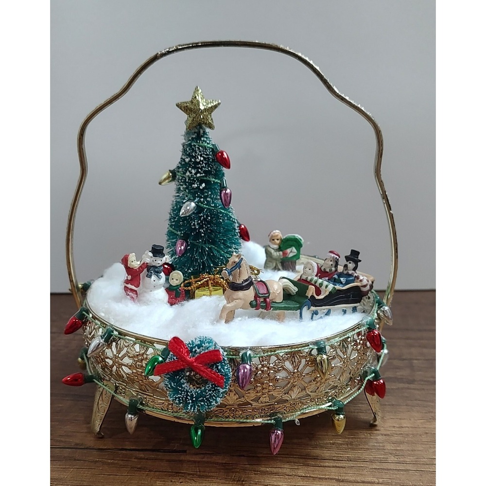 Handmade Christmas Scene Assemblage Art Sleigh Ride Snowman Tree Horse Wreathe